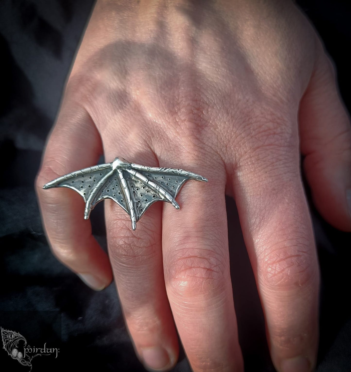 silver 925 ring textured patina polished dragon wing fantasy