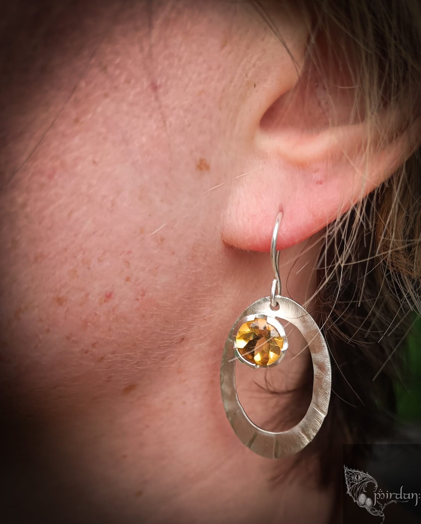 silver 925 dangle earrings stone citrine brushed asymmetric asymmetrical 